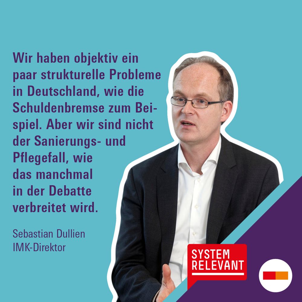 Bild: IMK-Direktor Sebastian Dullien
Text: Wir haben objektiv ein paar struktuelle Probleme in Deutschland, wie die Schuldenbremse zum Beispiel. Aber wir sind nicht der Sanierungs- und Pflegefall, wie das manchmal in der Debatte verbreitet wird.