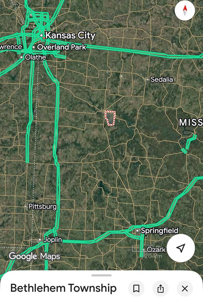Google maps screenshot outlining Bethlehem Township, Missouri about half way between Kansas City and Springfield. And Jesus was born in Bethlehem, ergo this must be the place. 