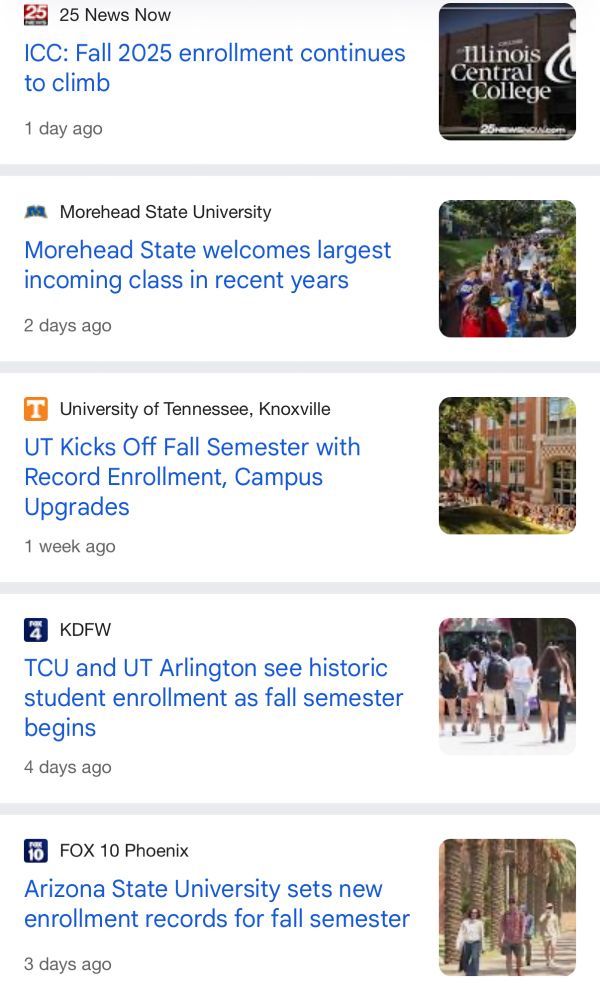 Headlines from around the country proclaiming record enrollments at University of Tennessee, Texas Christian University, Illinois Central College, and Morehead State University.