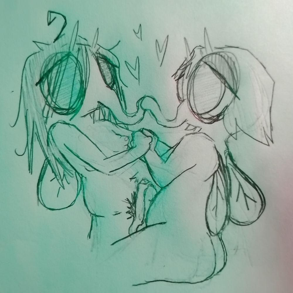 a drawing of two gross lesbian flies frotting their uncircumcised fly cocks together and holding hands and kissing with eye contact