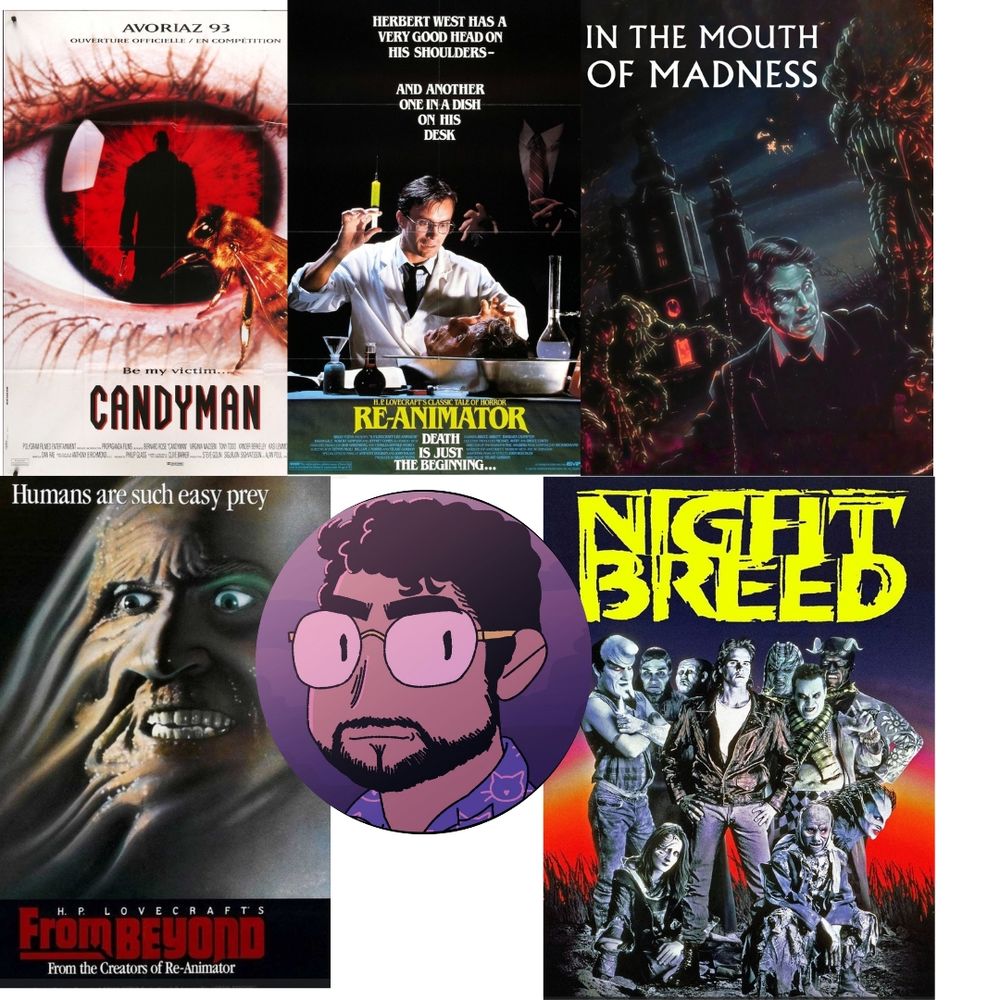 Collage of movie posters i watched for this month: candyman, re-animator, in the mouth of madness, from beyond and nightbreed