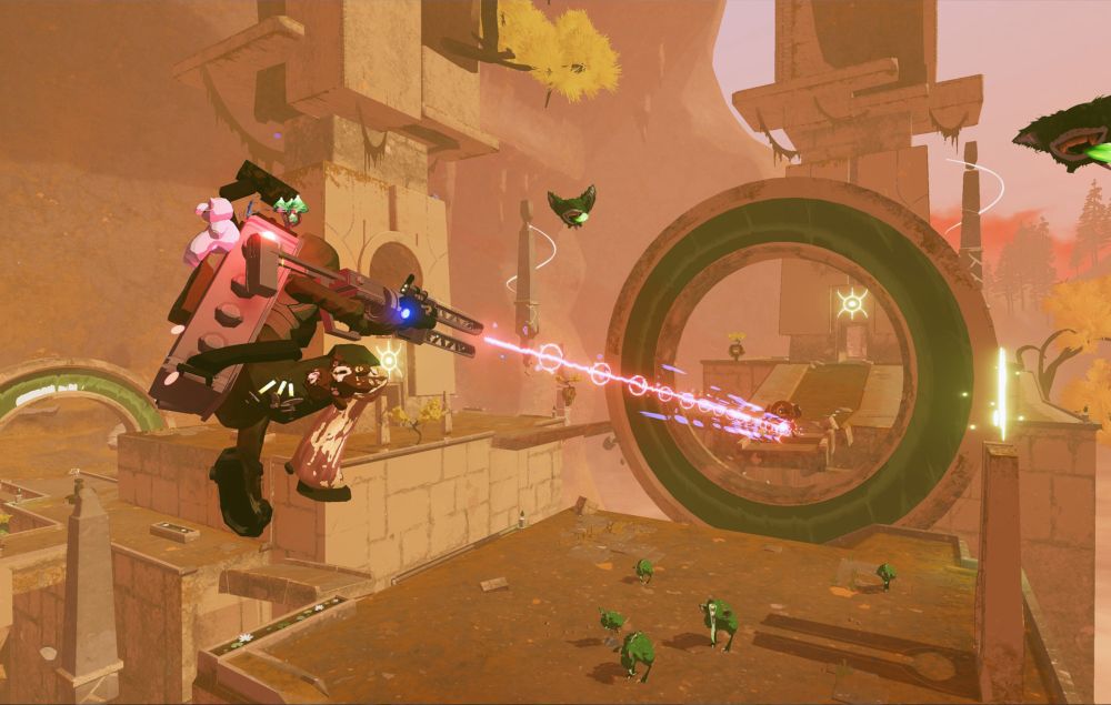 A promotional screenshot of the survivor Railgunner from the game Risk of Rain 2 firing her Railgun