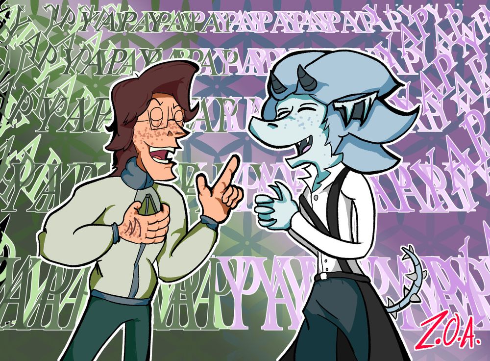 A drawn image with a from-below angle
On the left; Voidarcade's Rowan, a man with a green pufferjacket and square glasses in confident pose, righthand holding onto and adjusting his big zipper.
On the right: Z.O.A.s "Excal", a humanoid dragon with quill-like hair, horns, a white shirt and a cape of sorts that starts around the waist.
Both of them are talking.
BG: A wall of text constantly repeating "yap"