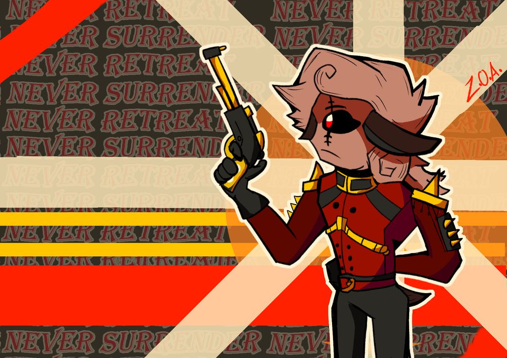 Magnum Klip, with one hand behind their back and another holding a guilded gun.
BG TEXT: NEVER RETREAT, NEVER SURRENDER.