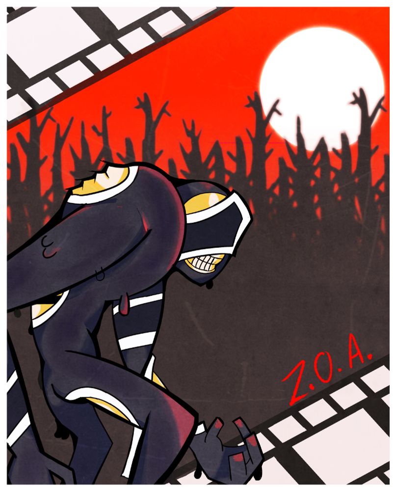 An entity known as "Morley Grove" lurching. In the background, a set of trees, film reels, and a white sun across a red sky.