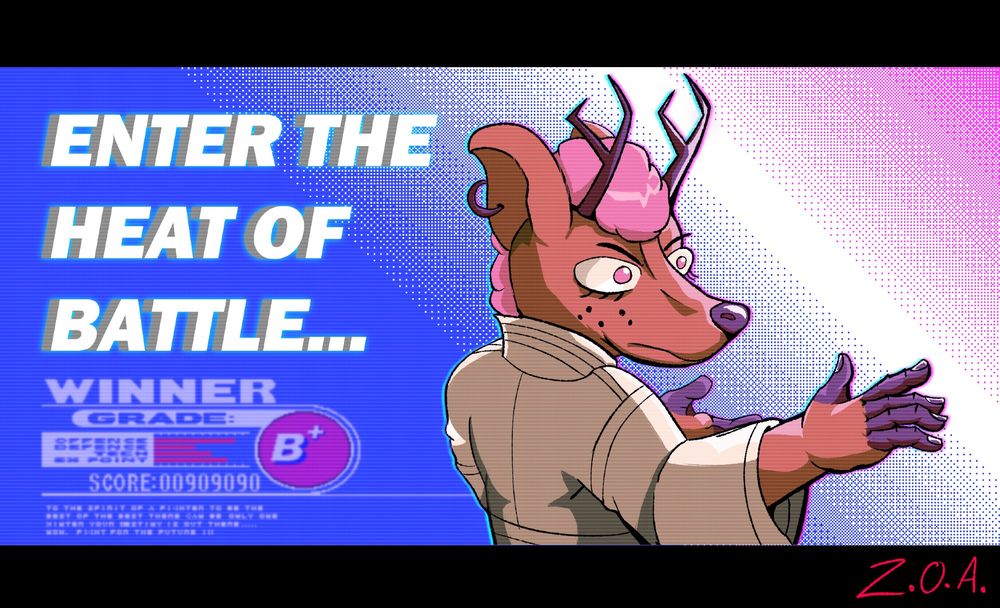 A halfbody back-view of Isabel, a deer anthro in a karate Gi with pink, fluffy hair, performing a Karate stance.
Text: ENTER THE HEAT OF BATTLE...
WINNER 
GRADE: B+