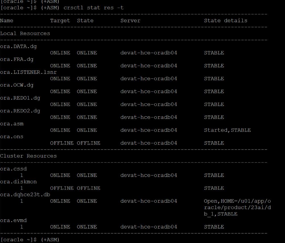 Screenshot of 'crsctl stat res -t' in a Linux bash
