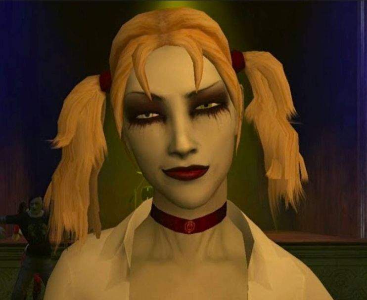 Jeanette Voerman from Vampire the Masquerade: Bloodlines, looking straight at the player, smirking