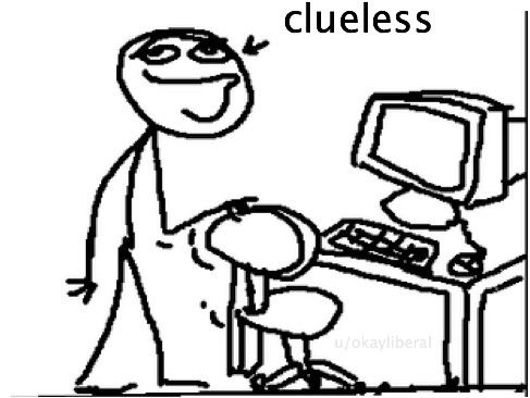 stick figure with a confident meme face pulls out a chair that's in front of a desk with a pc