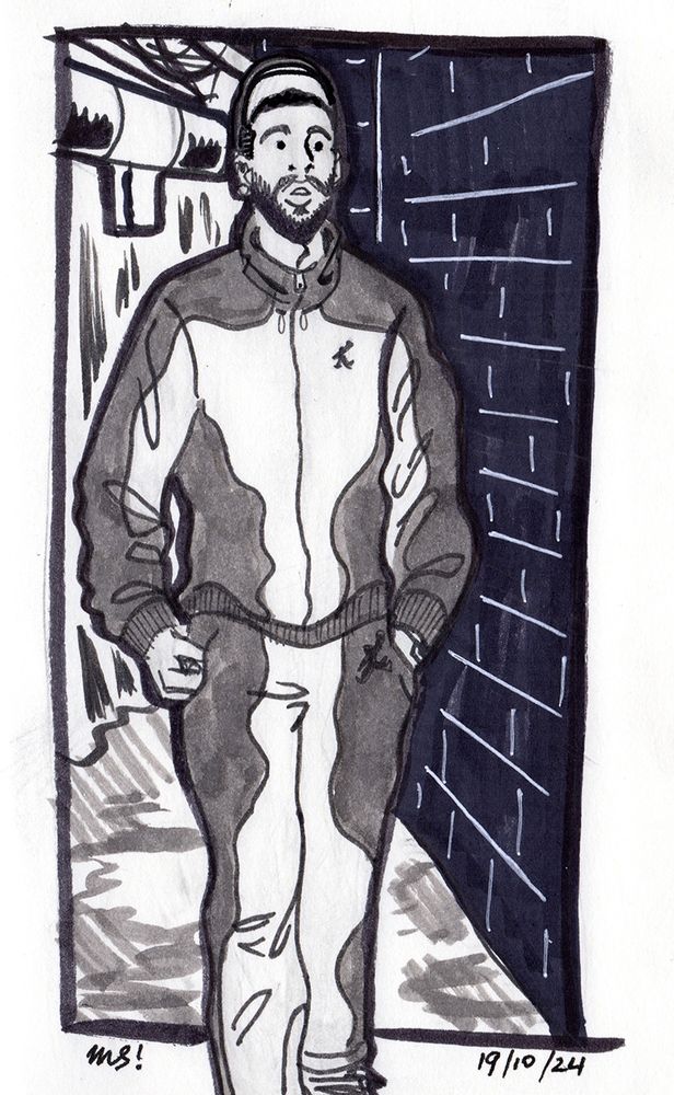 An ink drawing of Jason Tatum walking into an arena in a tracksuit.