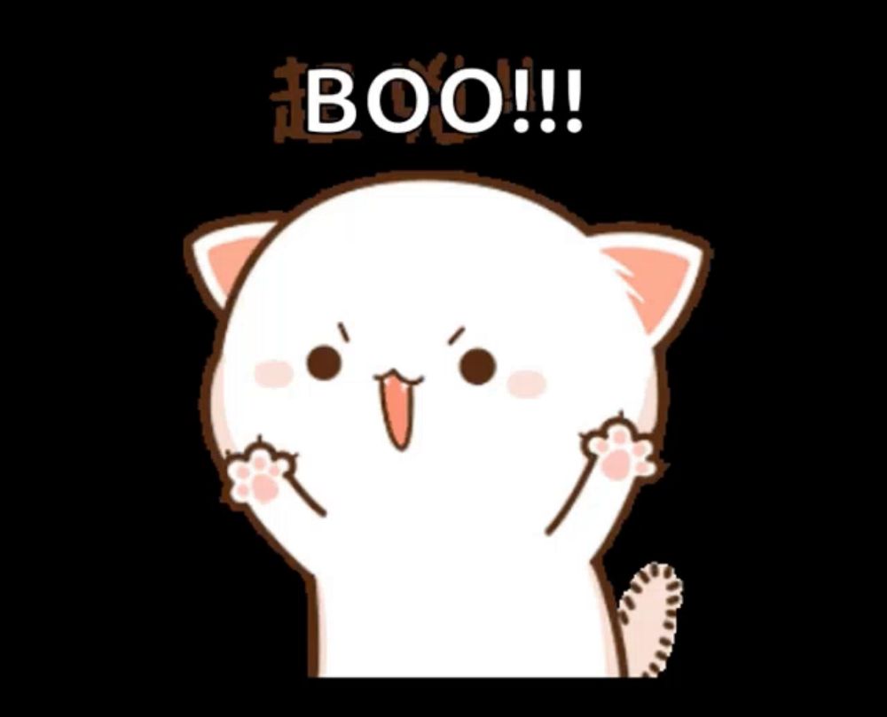 a cartoon cat says boo with its paws up