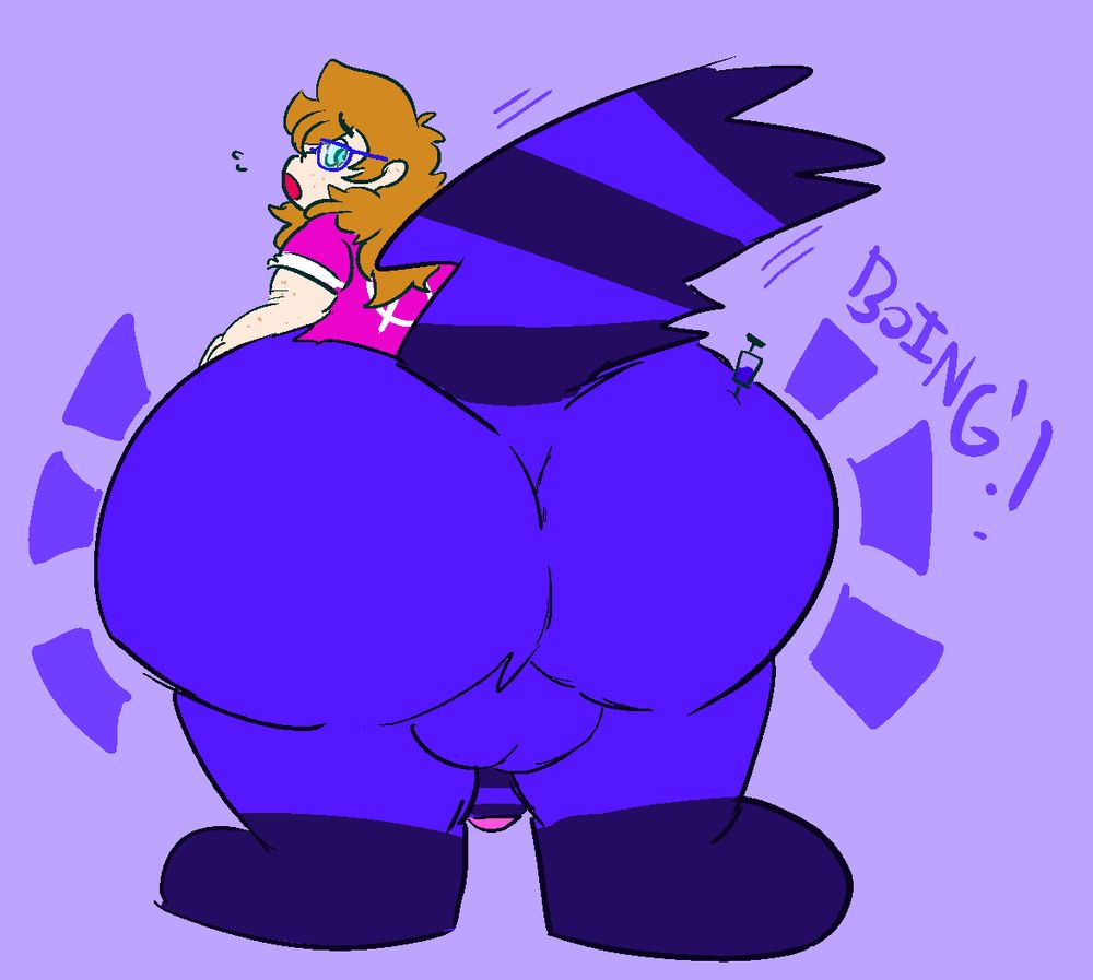 My humansona with Big's lower body, exaggeratedly big compared to them. A syringe pokes out of their tush.