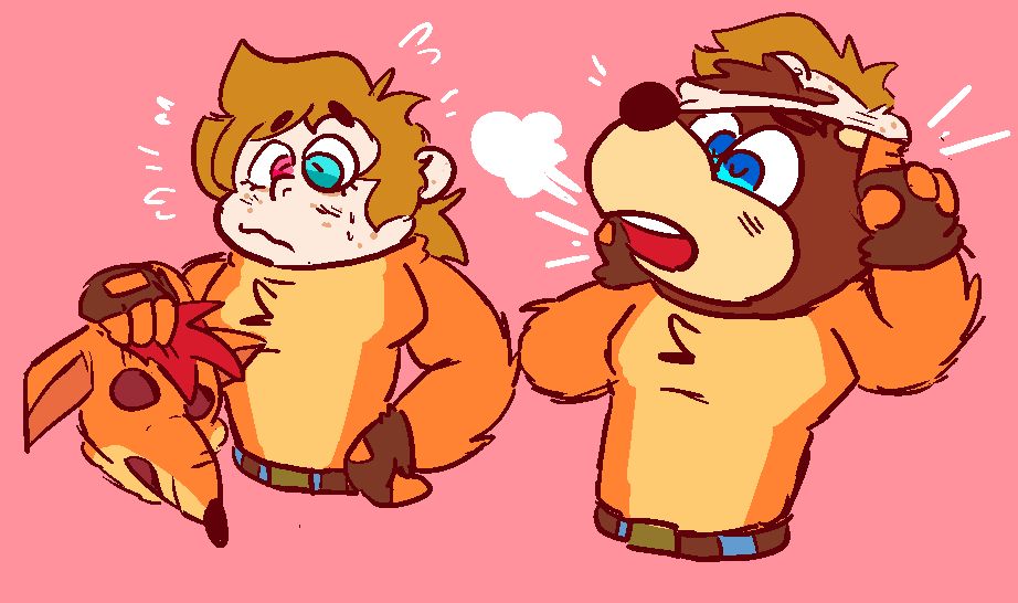 My human sona in a Crash suit, having taken off the mask. Then a second drawing of Banjo removing my human sona as a mask. still wearing Crash.