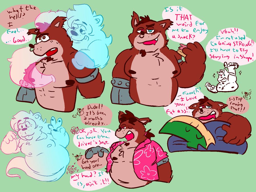 A possession piece. Kingston's spirit wraps around and seeps into Crunch, leading to a lot of doodles. "Crunch" eating snacks while asking if it's that weird, working out and saying he's not used to being so strong, under Dingodile's butt talking about how much he loves fat asses-- much to the real Crunch's chagrin-- and 2 months later, getting Crunch to say "get your arm off--" with Kingston as Crunch teasing that it is their arm.