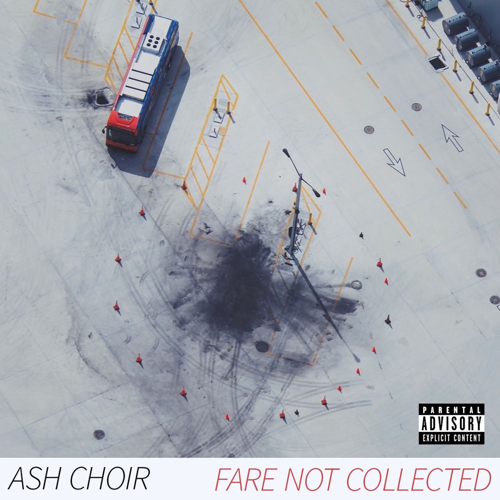 An aerial photograph of the aftermath of an electric bus fire. It’s styled to look like an album cover with a parental advisory sticker and text that says ash choir / fair not collected.