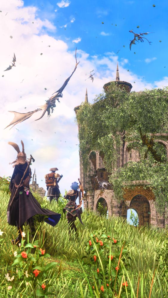 Atop a green hill, a group of adventurers are gathered: a female viera sorcerer draped in black attentive in the back, a female au'ra archer watching on the side and to the front a male samurai looking hyur wearing a most unusual hat looking ahead. Is this place the purpose of their travel, or did they just happen to pass by ?

The three of them seem to be in awe of what plays before them: an ancient and tall derelict tower whose inhabitants, now wyverns, are circling around. To the left, a majestic dragon soars into skies of azure blue and clouds of purest white