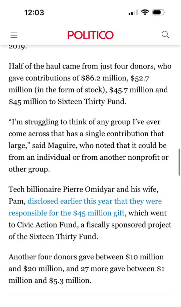 Polictico article Taylor Lorenz links to which states Tech Billionaire Omidyar gave $45 million to 1630 fund that same org Lorenz criticizes as a dark money group