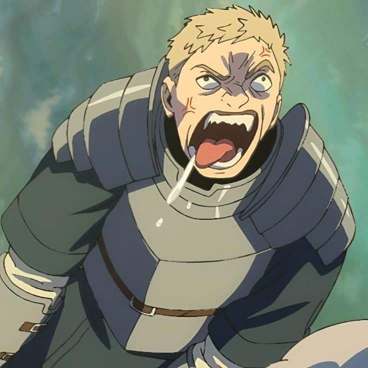 A screenshot of Laios from Dungeon Meshi looking feral while impersonating a dog.