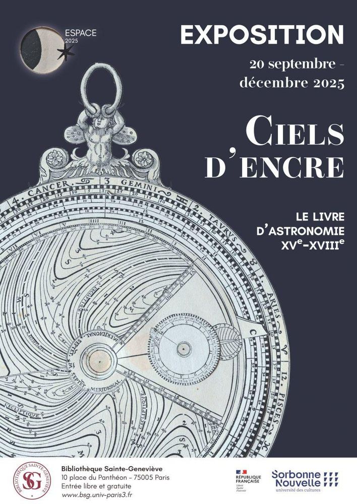 Belle affiche sur fond bleu très foncé avec un astrolabe de papier très élaboré, avec volvelle et de nombreuses courbes évoquand des courbes de niveau