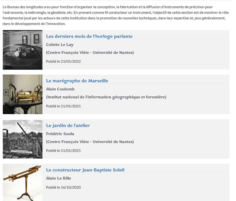 capture d'écran : liste des articles  sur instruments, tels que Horloge parlante, Marégraphe...
