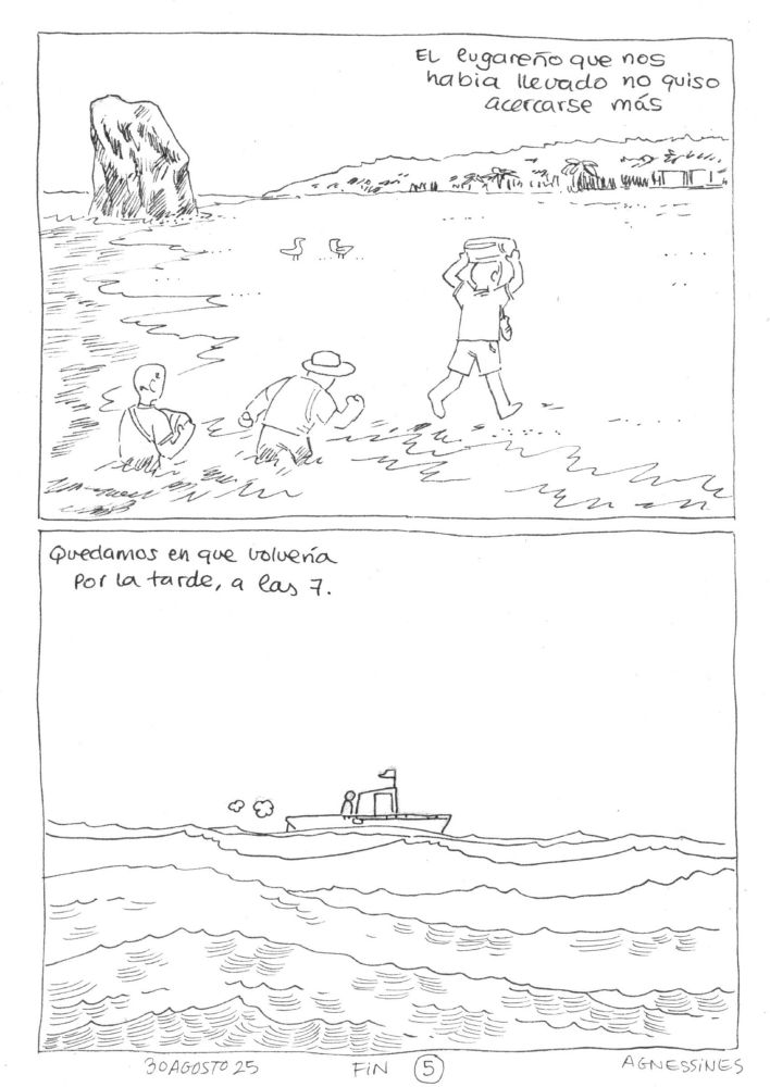 Comic page of two panels, in black and white. Same view of the beach in the island but now three men are walking through the waves and reaching the sand. Two of them try to keep their bags dry by keeping them up from their hips. 