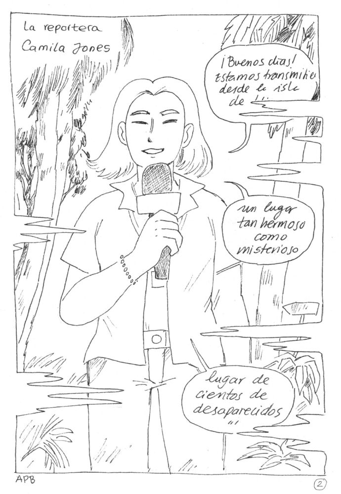 Comic page in black and white showing a news reporter with medium hair, confident smile and wearing an open shirt, while she holds the microphone. Description: 