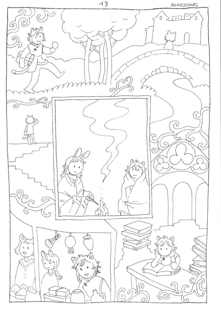 13rd page of muy Noffe comic. Noffe and Adelena are warming up to a bonfire. All around them, Noffe daydreams about adventures.