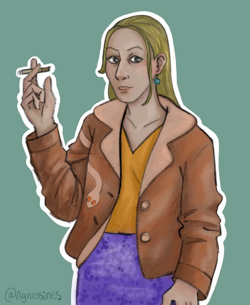 A drawing of my Oc Ann Phoebe in a halfbody pose, holding her right hand up with a cigarrette. She has pale skin, green dark eyes and blonde straight hair. She's wearing a brown jacket with a snake peeking in the right side; a yellow top and lilac skirt. She was a musician that got involved with Nyarlatothep.