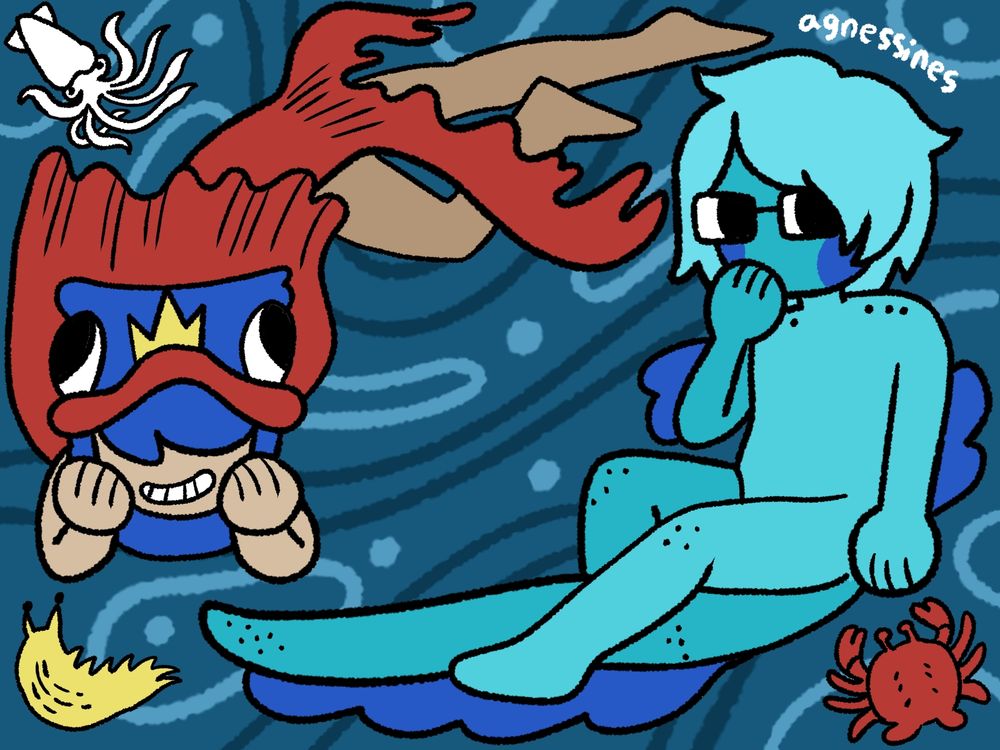 Pece and Anna, both tritons, just sitting in a sea background.