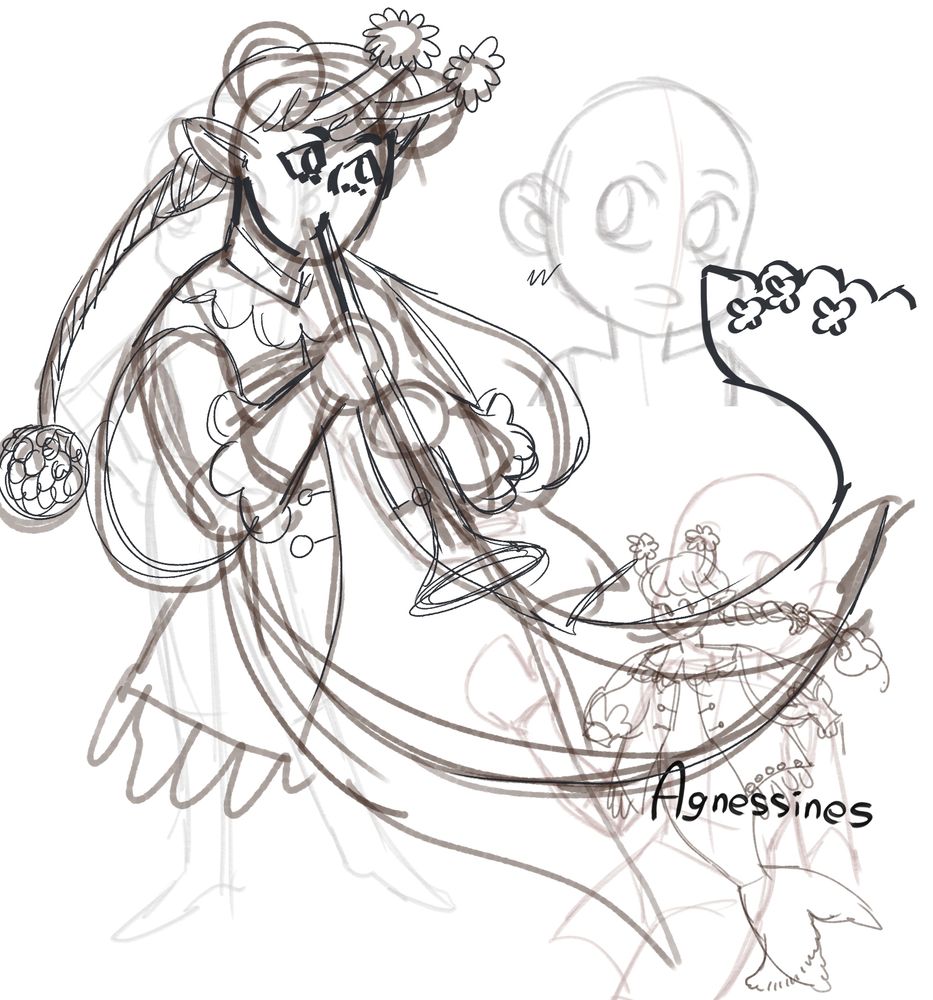 a sketch of a mermaid playing trumpet. 