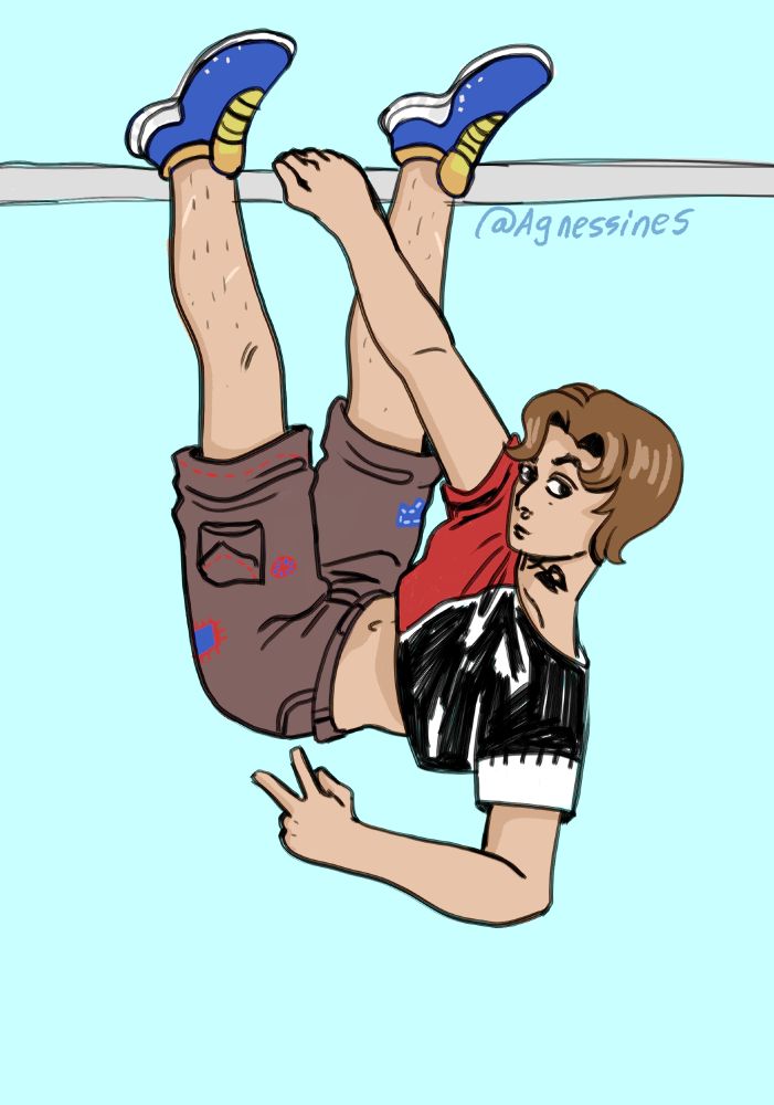 My Oc Fishbone doing a complicated pose, hanging from a metal bag only with one hand because they like bragging on their athletic habilities.