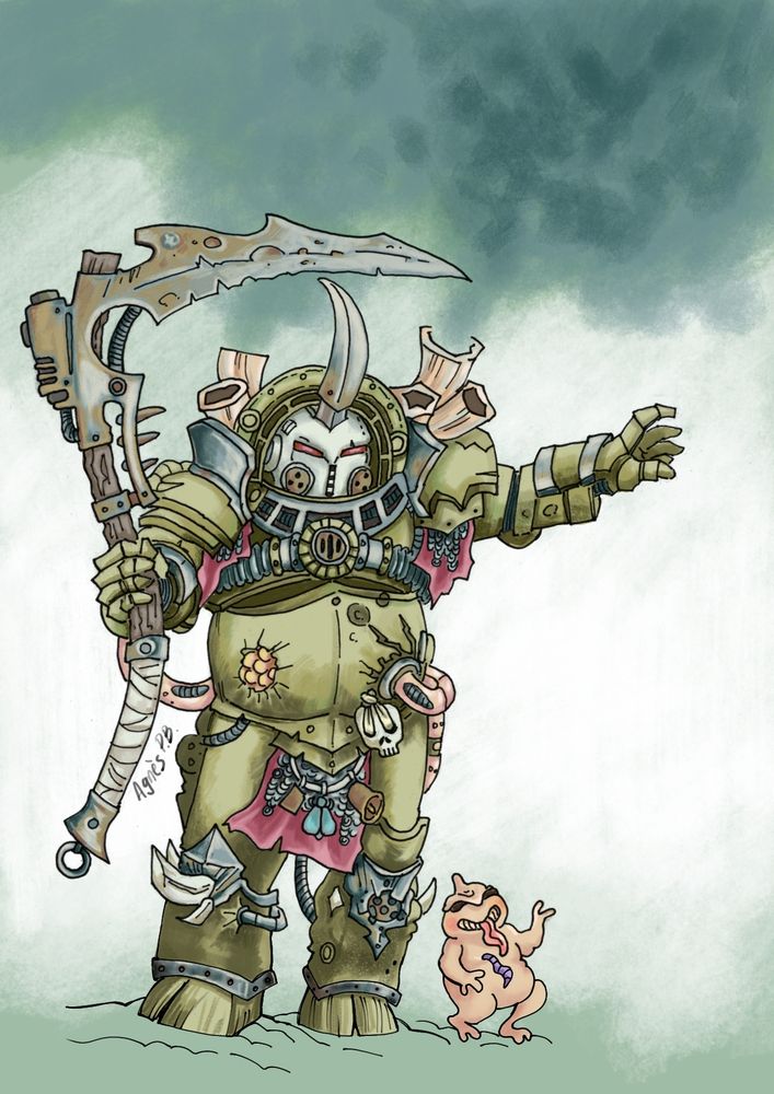 Colored illustration of Typhus, from the Warhammer 40k universe. He's next to a nurgling and he's holding his scythe and holding his left arm up. There is green toxic fog around. 