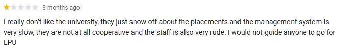 One star Google review of the university 