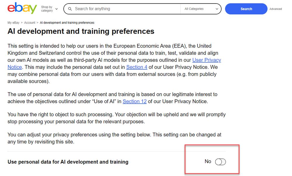 Terms and preferences relating to Ebay's AI training tool 