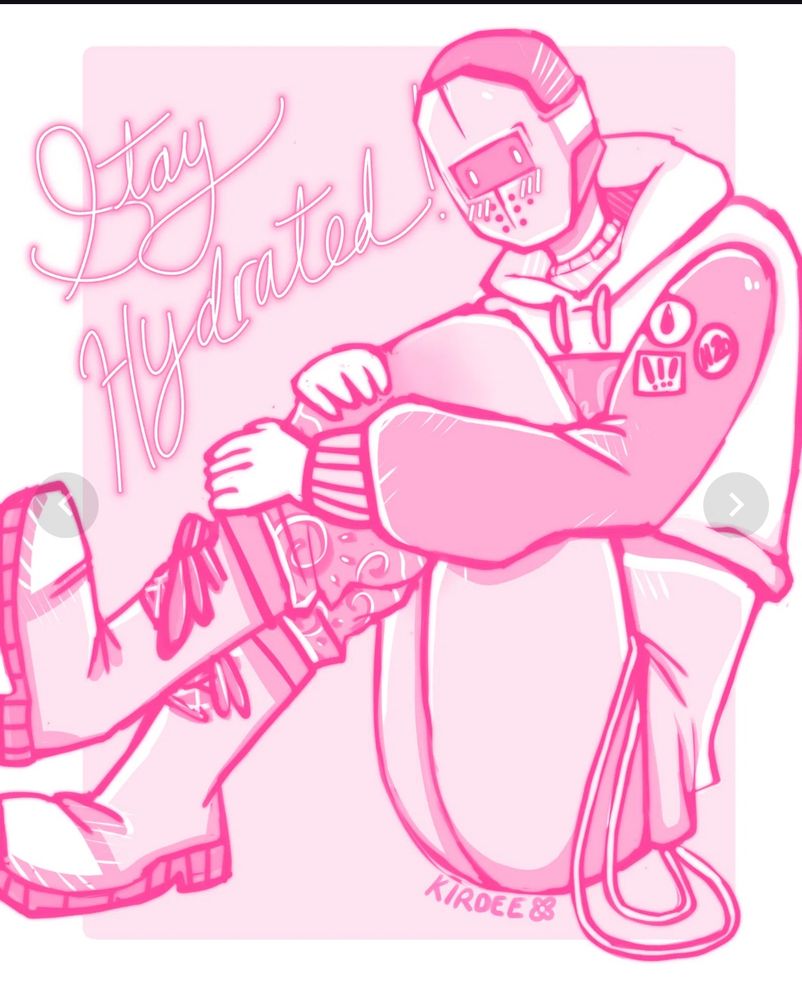 Hydration knight in pink. Posed as if stuck in a box. 