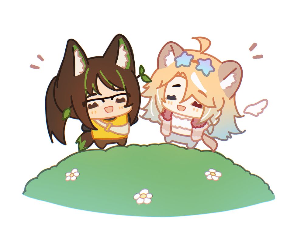 kirdee and mo chibis smiling on a grass hill with flowers