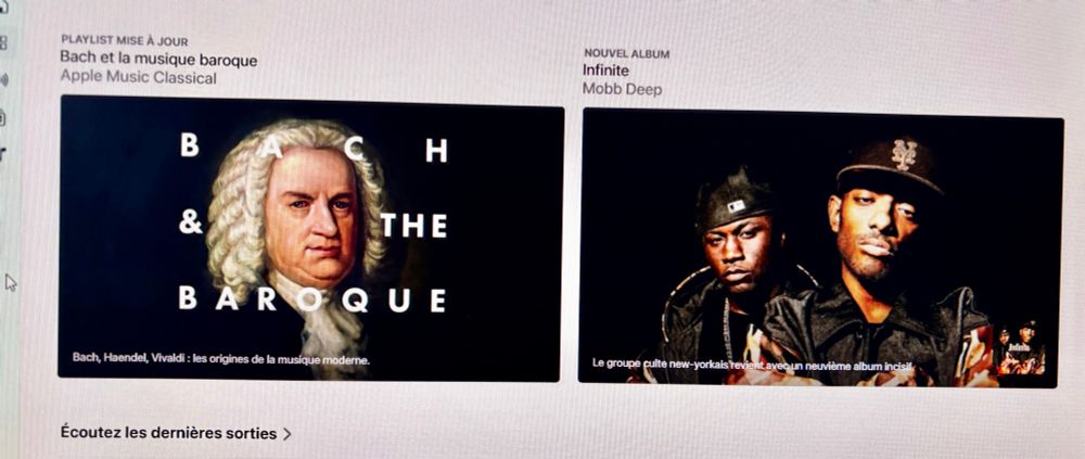 Une photo d’un écran où l’on voit deux suggestions d’écoute: Bach a gauche et Mobb Deep a droite