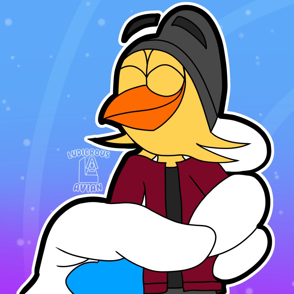 Owen the Sparrow being carried by "Your Character Here" like an Ice Cream Cone