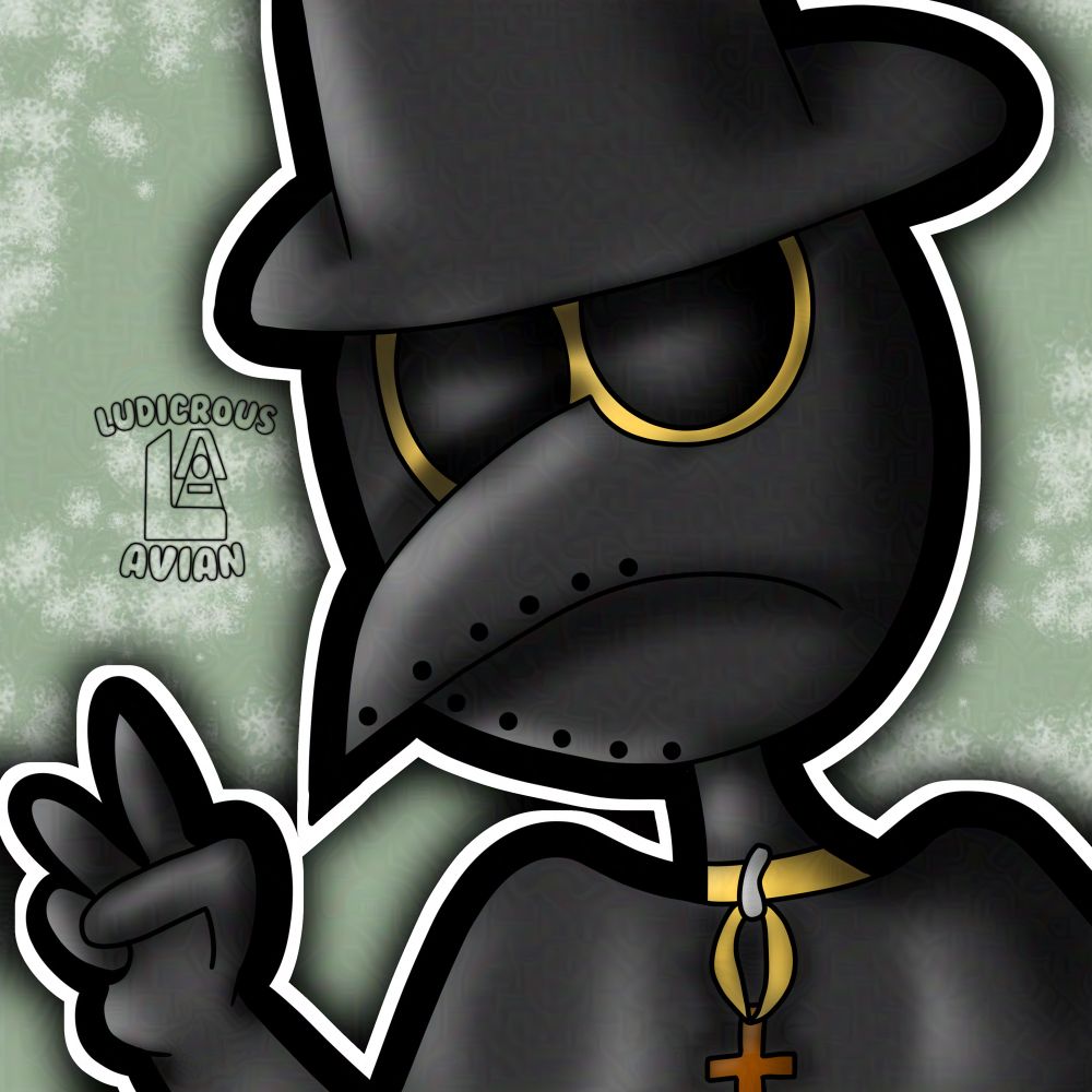 Dr. Omen the Plague Dr.

Yellow and black eyes, collar with cross, leather clothing, peace sign