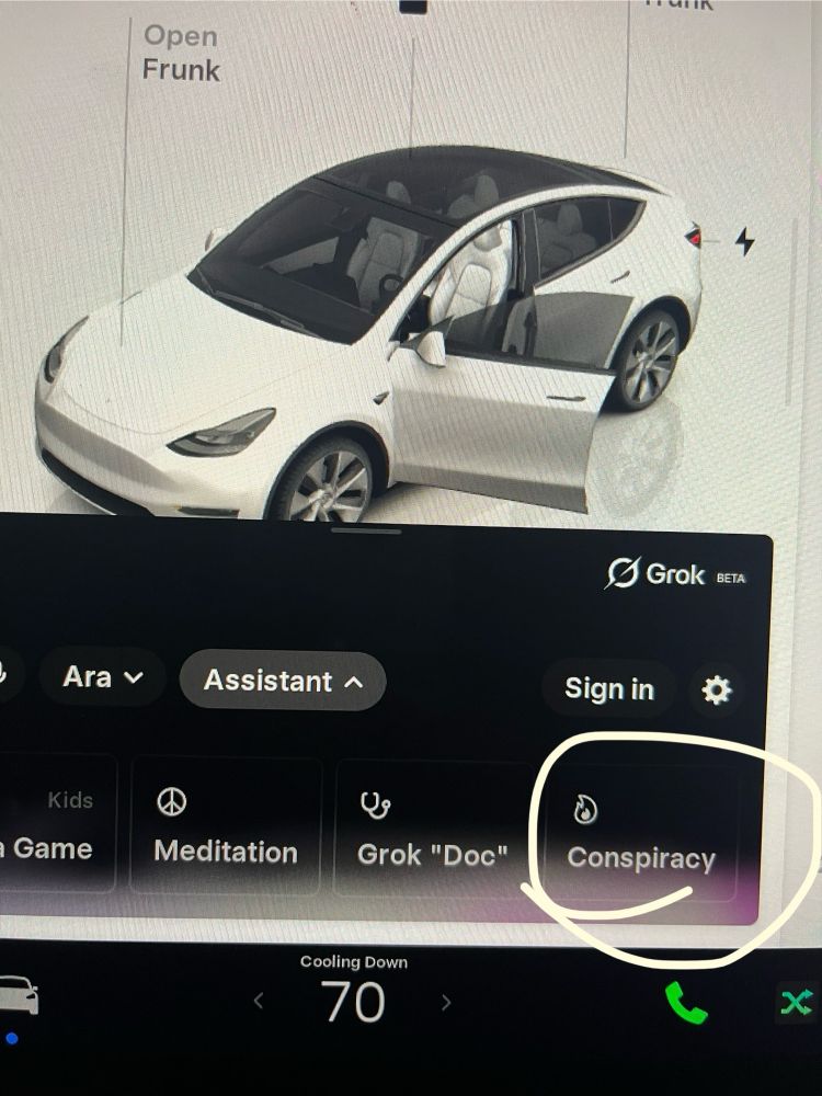 Oh, I’ve got the new update to the Tesla added AI, which is ROCK GROK which has an option for conspiracies and that’s what I’m highlighting here. So ridiculous.