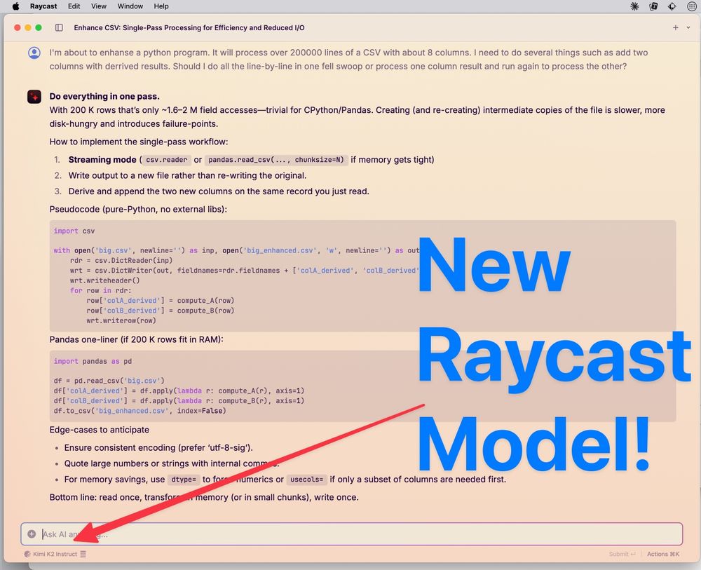 Screen shot of a new AI model added to Raycast for macOS. It's Kimi K2 and it's on Groq which is super fast inference. 