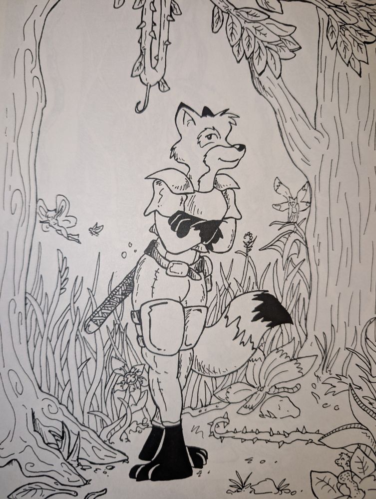 Line drawing of a fox with sword and armor in a forest!