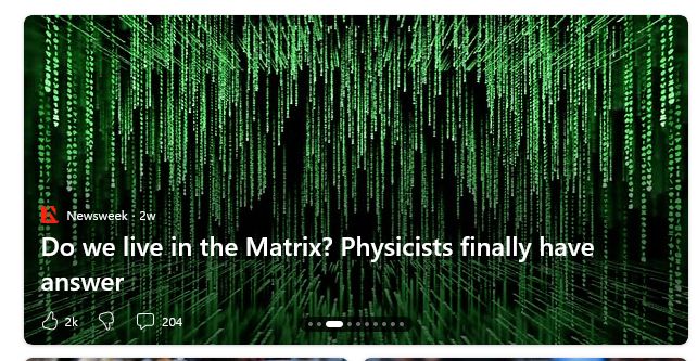 Image of a headline from Newsweek: "Do we live in the Matrix? Physicists finally have answer."