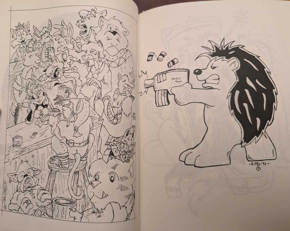 Art from a 1996 anthro zine by Robin Pronovost! On the left is a medieval tavern scene with furry people, on the right is a porcupine with an Uzi. :D