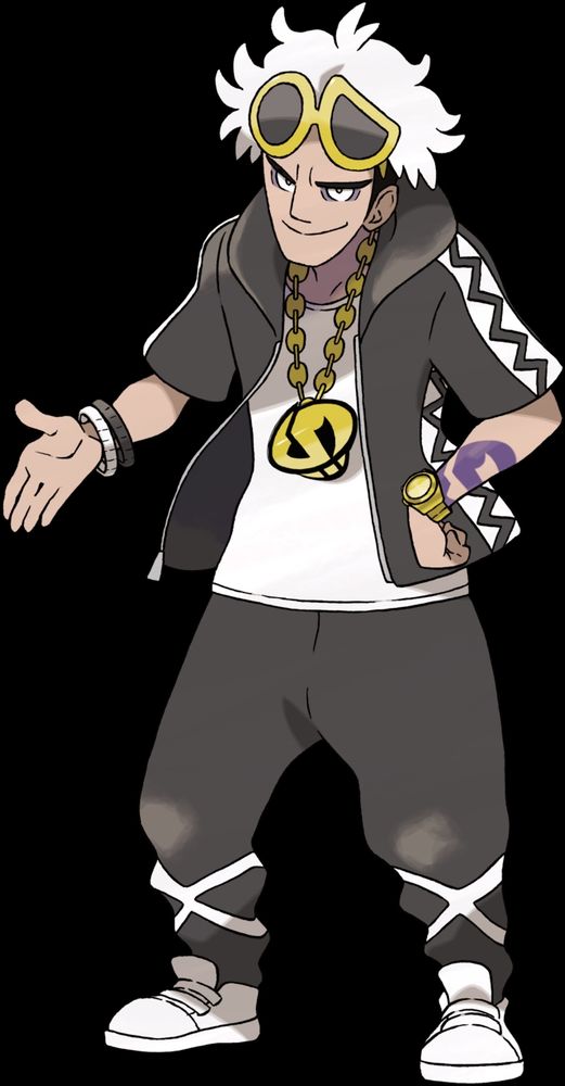 Guzma from pokemon, a tall slouched man wearing grey and white clothes