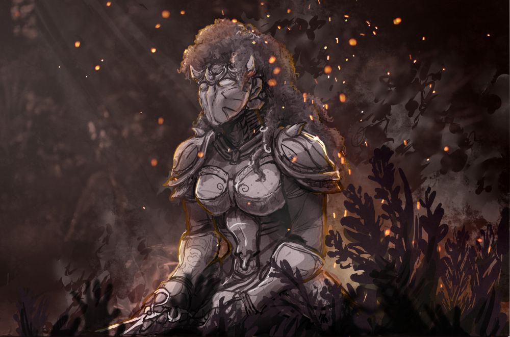 salon knight fanart by BoomKatz sitting in burning field ala chappell roan style colors are muted to imply a fairly serious situation.