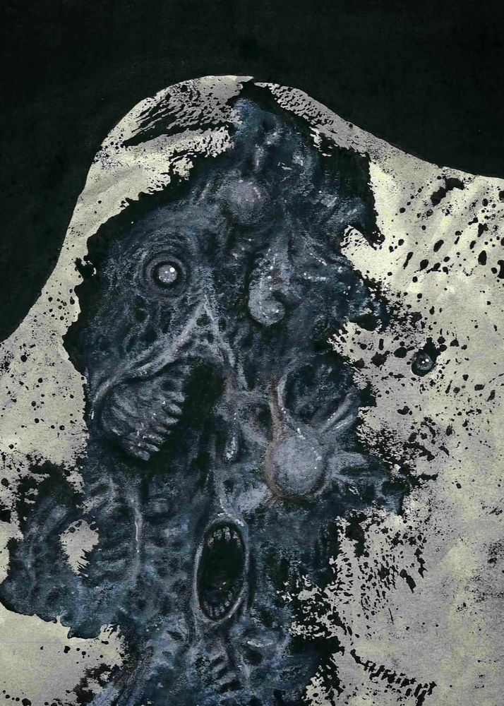 Strangely textured surface, busted open and revealing organic chaos--organs, connective tissues, mouths?, eyes?