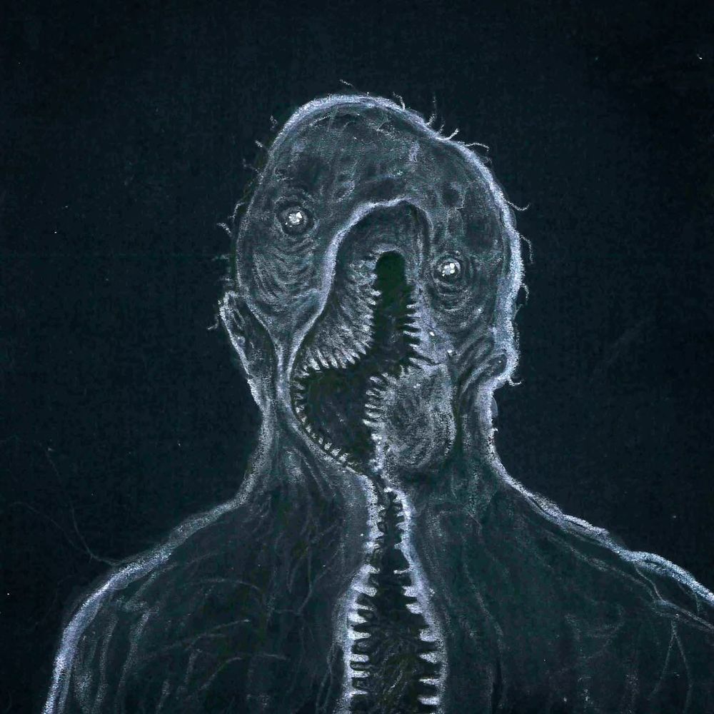 Black background, white pencils:

Humanoid form with two eyes kinda roughly where they should be...but the jagged, toothy mouth takes up most of the head, and keeps going down its neck into an open chasm lined with something between teeth and snapped ribs