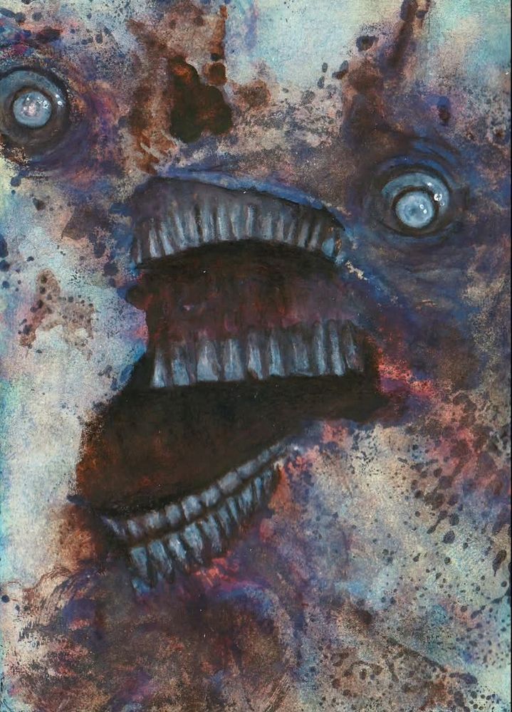 Glaring cloudy eyes. Strange surface. Double layered toothy mouths. Almost iridescent areas of color in darker areas. 