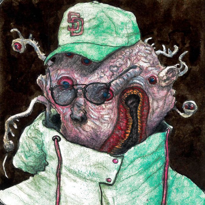above TBI flipped up (hooded windbreaker) collar:

pinkish flesh. warped humanoid face with two major eyes and a nose. many other smaller eyes around big head. toothy grin vertical starting below collar edge. tendril stalks end in more small eyes. 
creature wears San Diego Padres "City Connect" pink and teal colored SD logo hat, which matches the windbreaker color scheme
